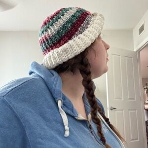 Red green white handmade Crochet Fishermen’s Beanie men’s Hat